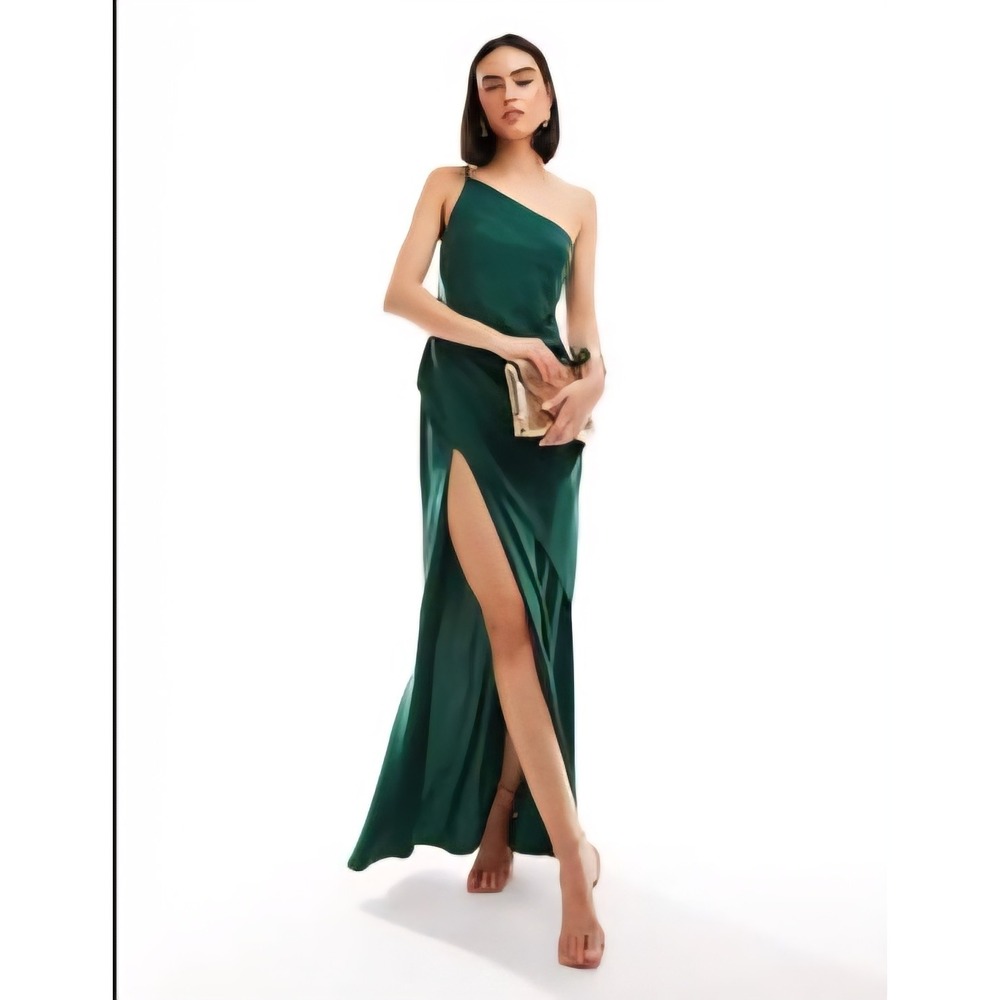 ASOS Women Satin One Shoulder Draped Maxi Dress Thigh Split Green sz 8 NWT